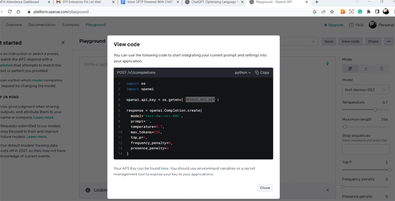 Setting temperature, frequency, and chat model in ChatGPT